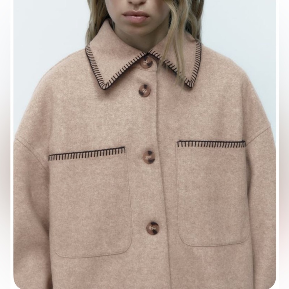 Zara NWT beige tan oversized button front stitched shacket - Picture 6 of 16